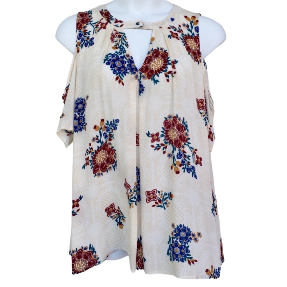 Blu Pepper Floral Print Cold Shoulder Blouse Keyhole Neckline Large